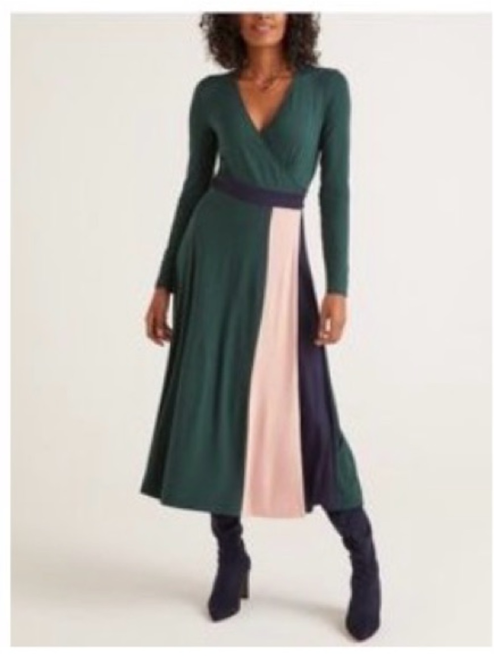 EUC Boden 16 US Forest Green Wrap Dress with Navy and Pink Panels LS MIDI -Maxi